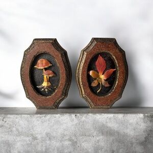 VTG Mushroom & Leaf Wall Decor Brass Copper Wood 70's MCM APX 7.5"L X 5.5"W